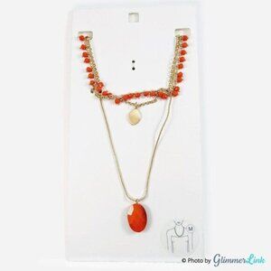 NWT Boho Triple Strand Gold Tone Orange Beaded Layered Necklace